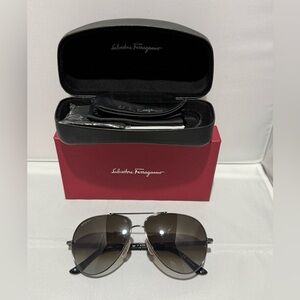 Salvatore Ferragamo Black Aviator Sunglasses with Case